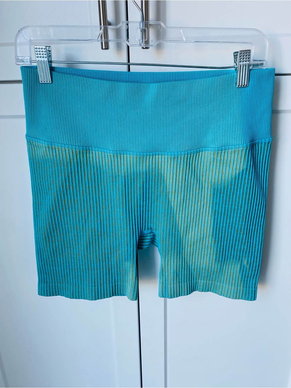 Joy lLab women’s large teal blue gold striped workout bike shorts